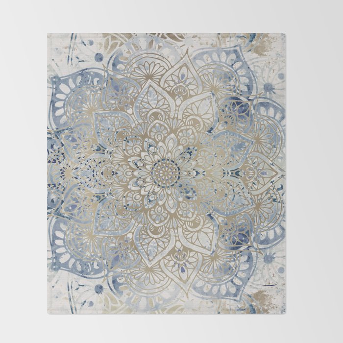 Mandala Flower, Blue and Gold, Floral Prints Throw Blanket Gallery Image 2