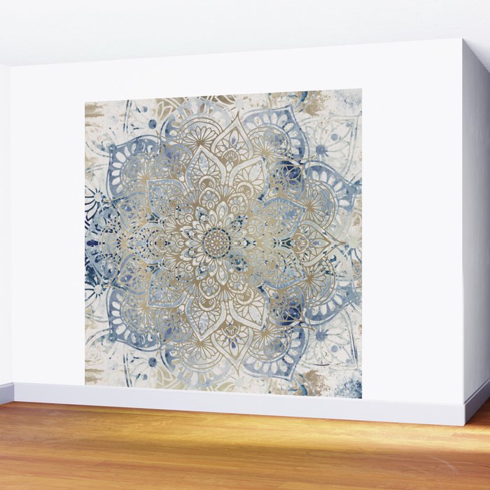 Mandala Flower, Blue and Gold, Floral Prints Wall Mural Gallery Image 2