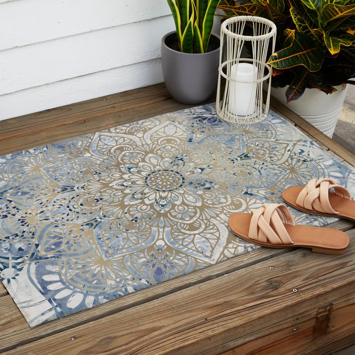 Mandala Flower, Blue and Gold, Floral Prints Outdoor Rug Gallery Image 2