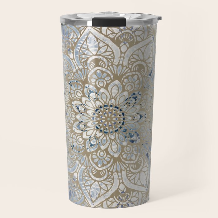 Mandala Flower, Blue and Gold, Floral Prints Travel Mug Gallery Image 1