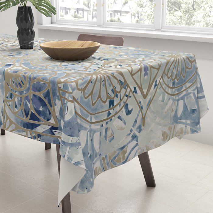Mandala Flower, Blue and Gold, Floral Prints Tablecloth Gallery Image 3