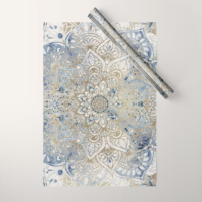 Mandala Flower, Blue and Gold, Floral Prints Wrapping Paper Gallery Image 1
