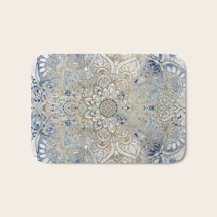 Mandala Flower, Blue and Gold, Floral Prints Bath Mat Gallery Image 1