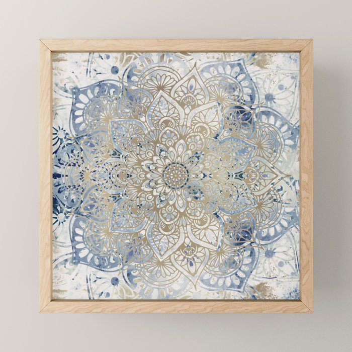 Mandala Flower, Blue and Gold, Floral Prints Mini Art Print Gallery Image 1