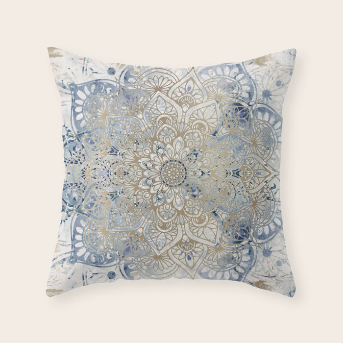 Mandala Flower, Blue and Gold, Floral Prints Throw Pillow Gallery Image 1