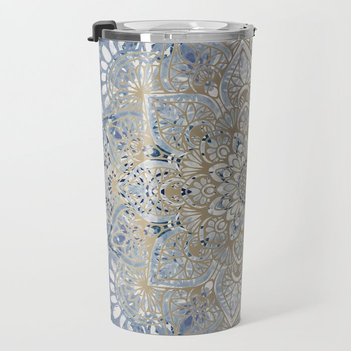 Mandala Flower, Blue and Gold, Floral Prints Travel Mug Gallery Image 3