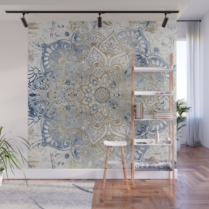 Mandala Flower, Blue and Gold, Floral Prints Wall Mural Gallery Image 1