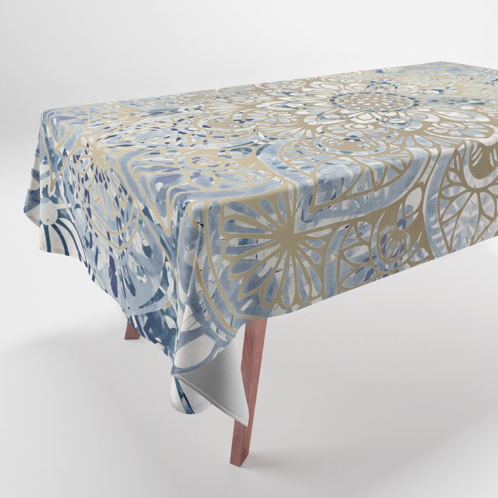 Mandala Flower, Blue and Gold, Floral Prints Tablecloth Gallery Image 1