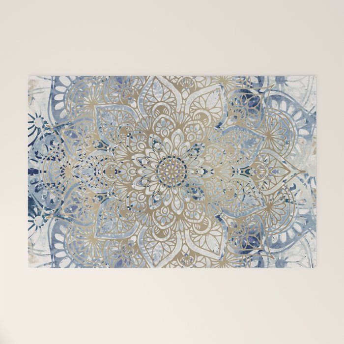 Mandala Flower, Blue and Gold, Floral Prints Welcome Mat Gallery Image 1