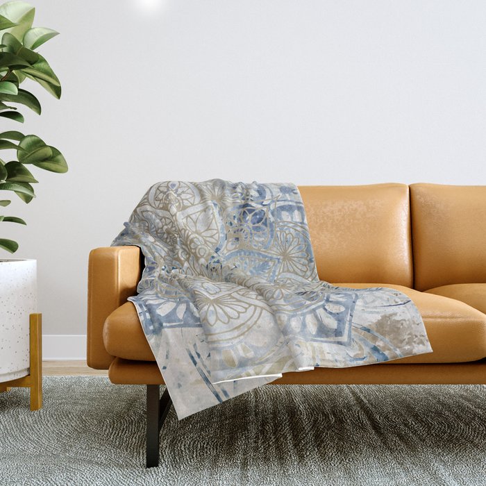 Mandala Flower, Blue and Gold, Floral Prints Throw Blanket Gallery Image 1
