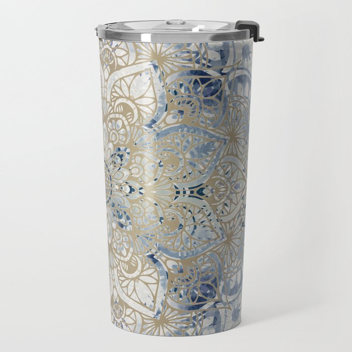 Mandala Flower, Blue and Gold, Floral Prints Travel Mug Gallery Image 2