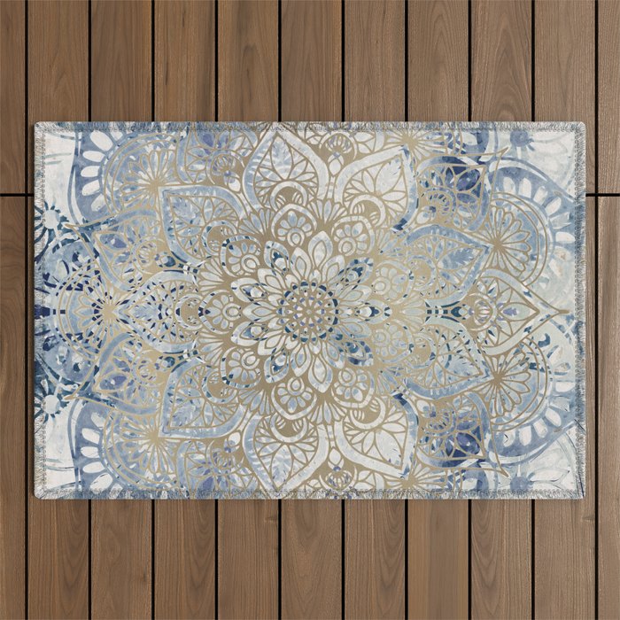 Mandala Flower, Blue and Gold, Floral Prints Outdoor Rug Gallery Image 1
