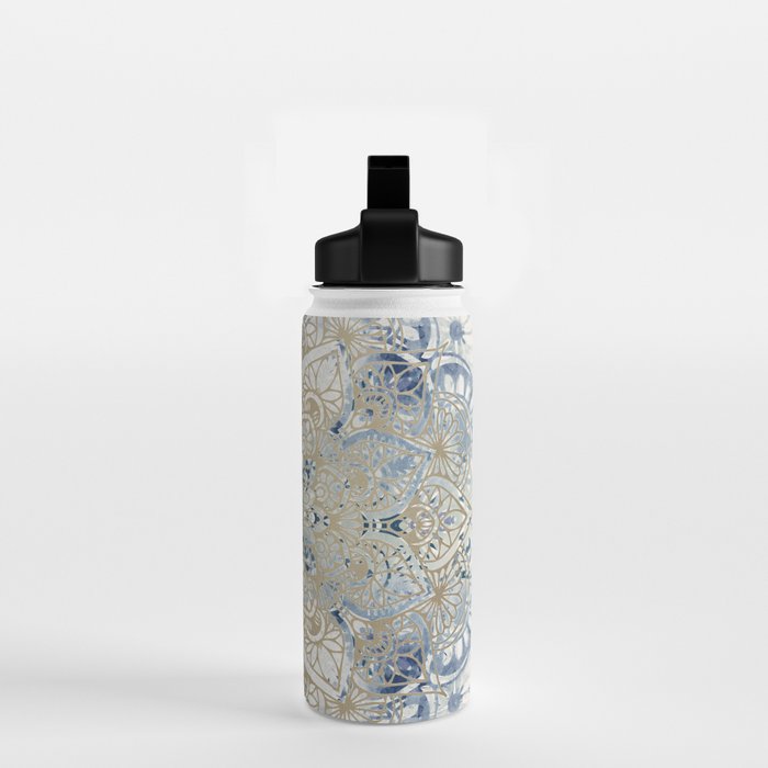 Mandala Flower, Blue and Gold, Floral Prints Water Bottle Gallery Image 2