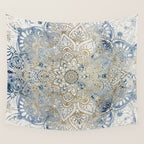 Mandala Flower, Blue and Gold, Floral Prints Wall Tapestry Gallery Image 4