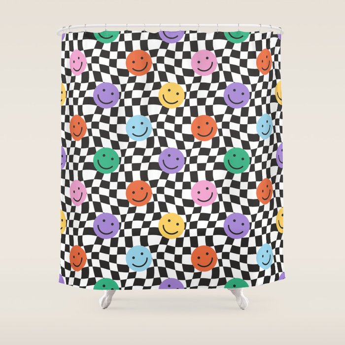 Colorful retro checkered happy face pattern Shower Curtain Gallery Image 1