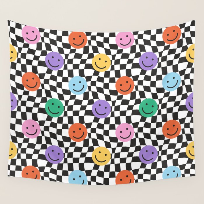 Colorful retro checkered happy face pattern Wall Tapestry Gallery Image 4