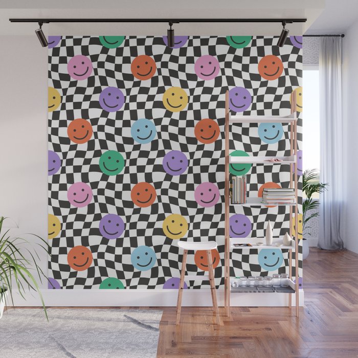Colorful retro checkered happy face pattern Wall Mural Gallery Image 1