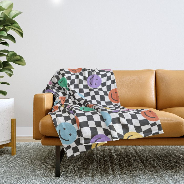 Colorful retro checkered happy face pattern Throw Blanket Gallery Image 1