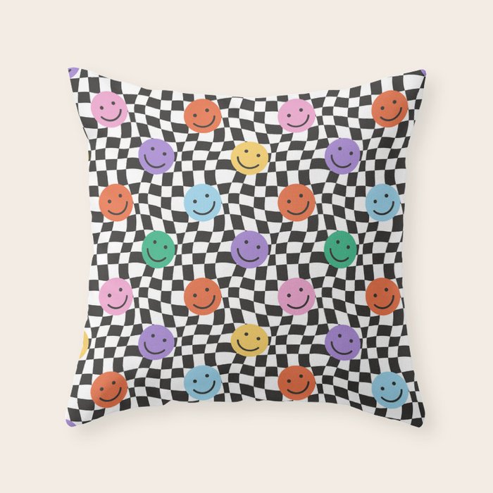 Colorful retro checkered happy face pattern Throw Pillow Gallery Image 6