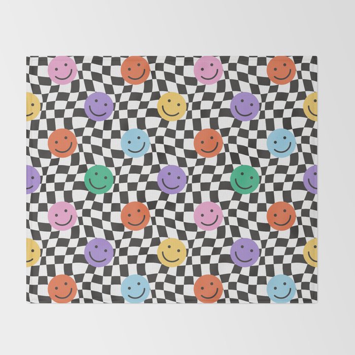 Colorful retro checkered happy face pattern Throw Blanket Gallery Image 2