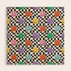 Colorful retro checkered happy face pattern Wood Wall Art Gallery Image 1