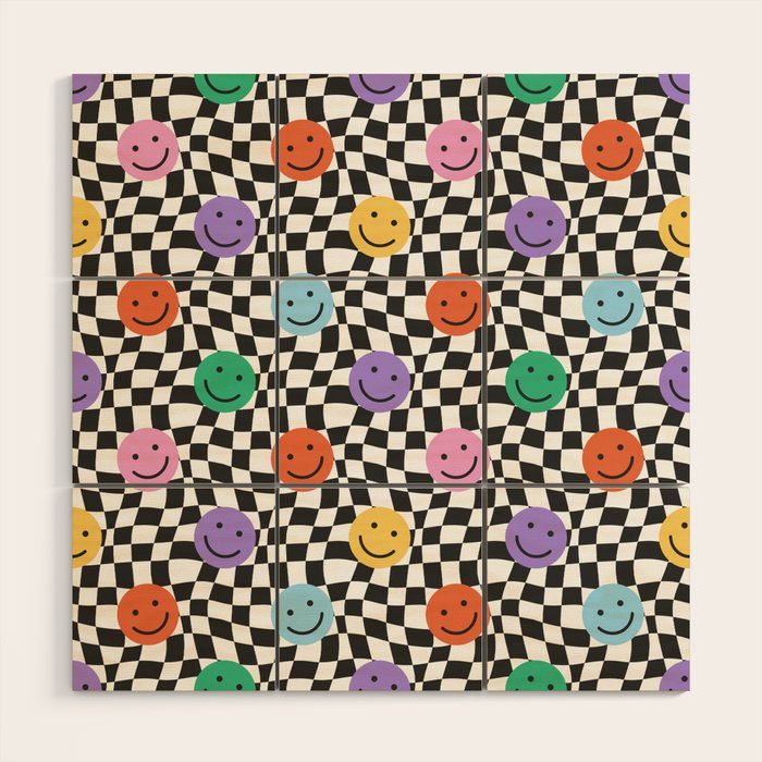 Colorful retro checkered happy face pattern Wood Wall Art Gallery Image 1