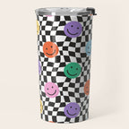 Colorful retro checkered happy face pattern Travel Mug Gallery Image 2