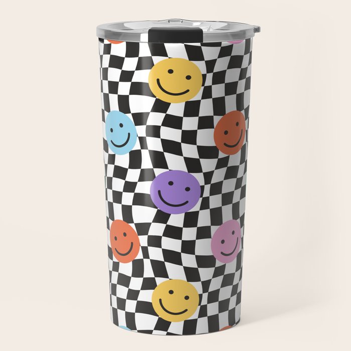 Colorful retro checkered happy face pattern Travel Mug Gallery Image 1