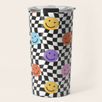 Colorful retro checkered happy face pattern Travel Mug Gallery Image 1