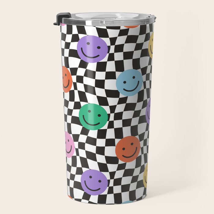 Colorful retro checkered happy face pattern Travel Mug Gallery Image 3
