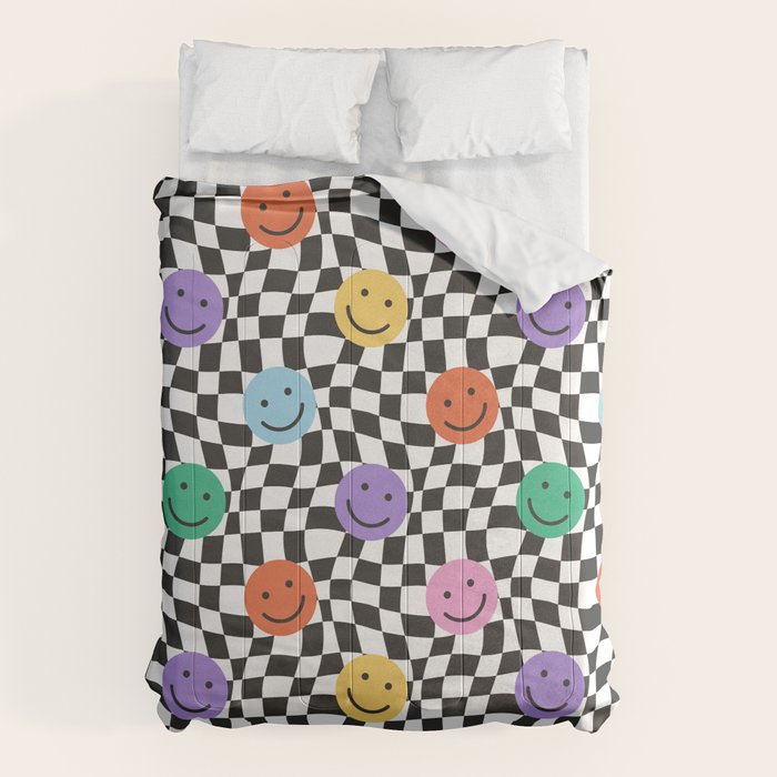 Colorful retro checkered happy face pattern Comforter Gallery Image 6