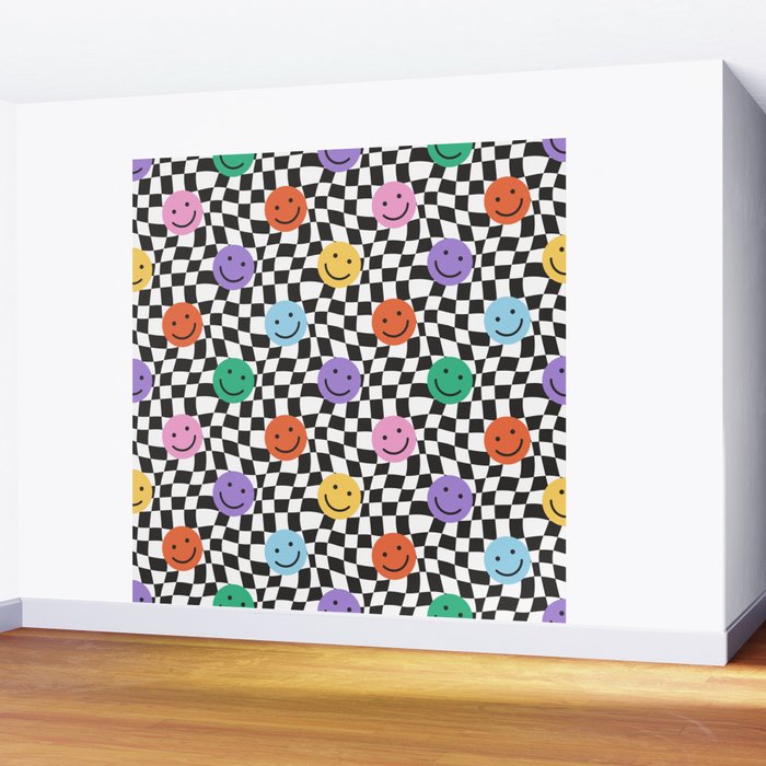 Colorful retro checkered happy face pattern Wall Mural Gallery Image 2