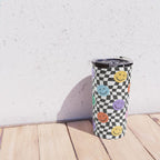 Colorful retro checkered happy face pattern Travel Mug Gallery Image 4