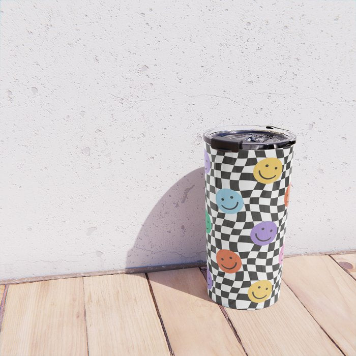 Colorful retro checkered happy face pattern Travel Mug Gallery Image 4