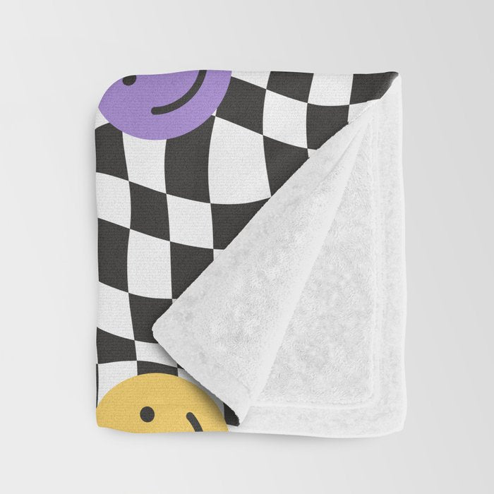 Colorful retro checkered happy face pattern Throw Blanket Gallery Image 3