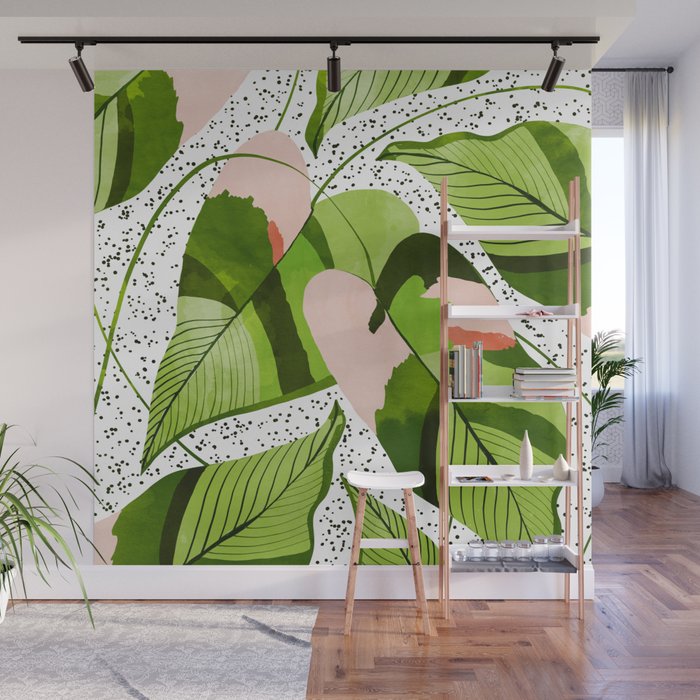 Blushing Leaves Watercolor Painting, Colorful Botanical Illustration, Tropical Modern Bohemian Wall Mural Gallery Image 1