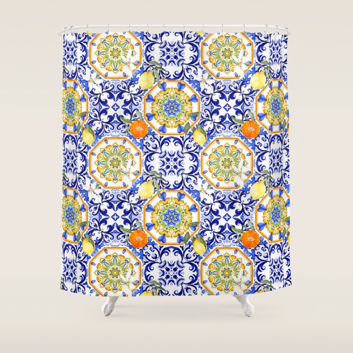Majolica,summer,lemon,Sicilian style art Shower Curtain Gallery Image 1