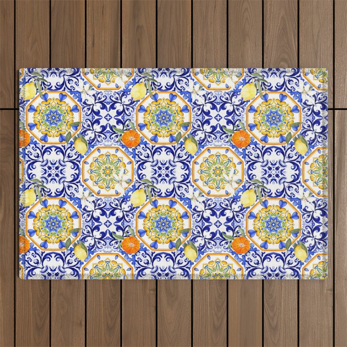 Majolica,summer,lemon,Sicilian style art Outdoor Rug Gallery Image 1