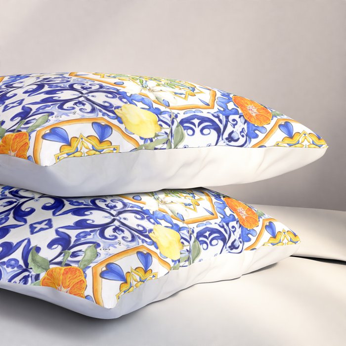 Majolica,summer,lemon,Sicilian style art Pillow Sham Gallery Image 3