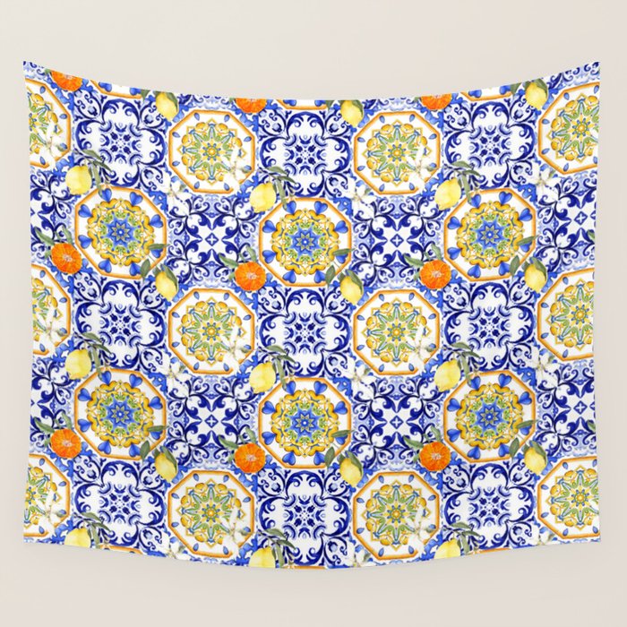 Majolica,summer,lemon,Sicilian style art Wall Tapestry Gallery Image 4