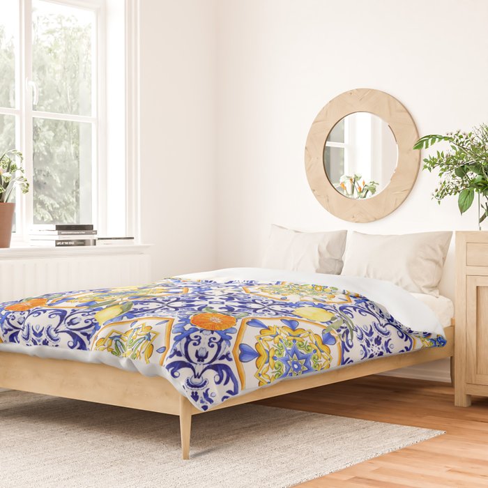 Majolica,summer,lemon,Sicilian style art Duvet Cover Gallery Image 2