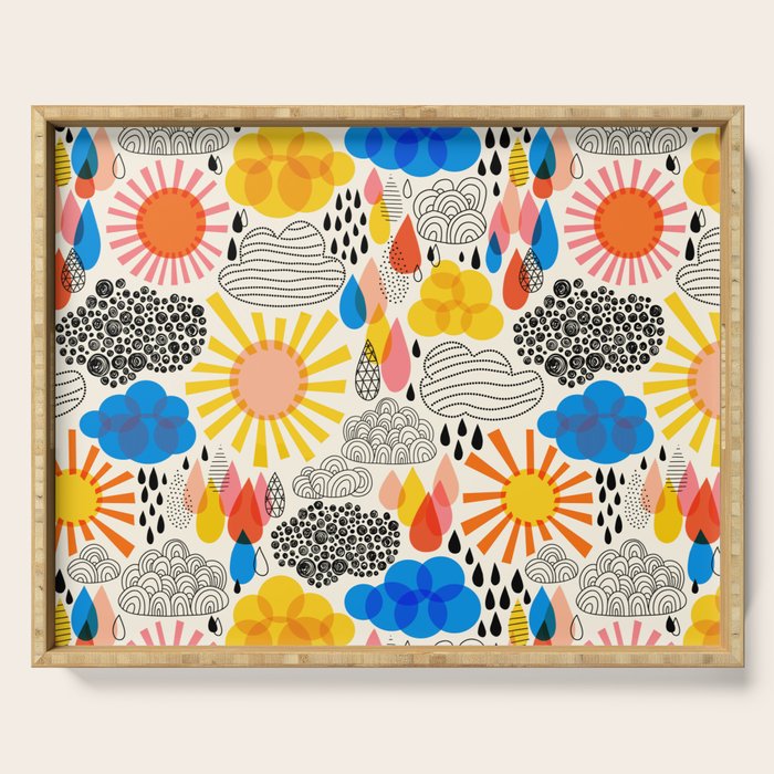 Weather Sun Clouds Rain Pattern #childrendecor #kidspattern Serving Tray Gallery Image 1