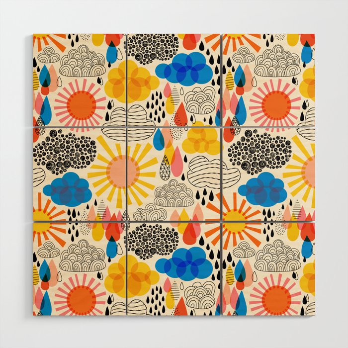 Weather Sun Clouds Rain Pattern #childrendecor #kidspattern Wood Wall Art Gallery Image 1