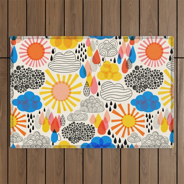 Weather Sun Clouds Rain Pattern #childrendecor #kidspattern Outdoor Rug Gallery Image 1