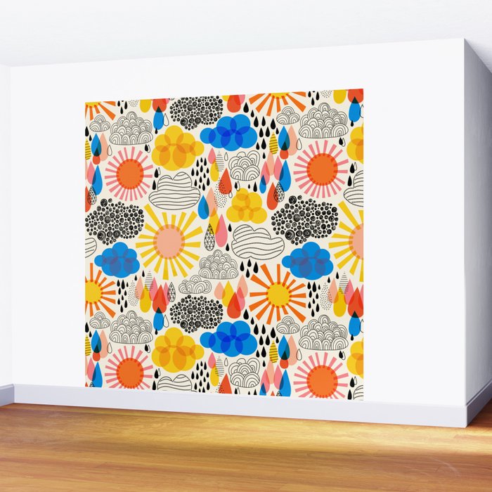 Weather Sun Clouds Rain Pattern #childrendecor #kidspattern Wall Mural Gallery Image 2