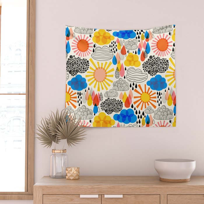 Weather Sun Clouds Rain Pattern #childrendecor #kidspattern Wall Tapestry Gallery Image 2
