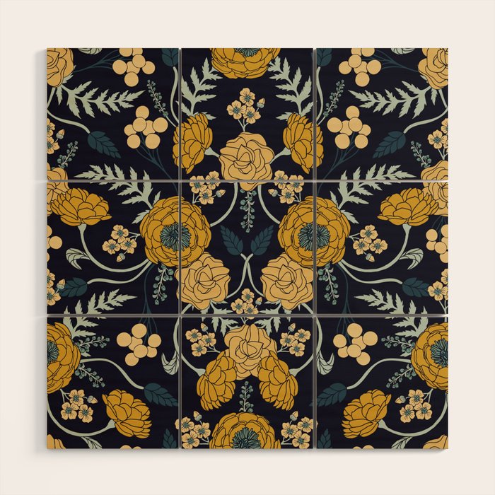 Navy Blue, Turquoise, Cream & Mustard Yellow Dark Floral Pattern Wood Wall Art Gallery Image 1