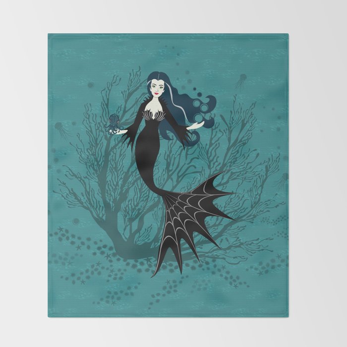 Vampire Mermaid on Aqua Throw Blanket Gallery Image 2