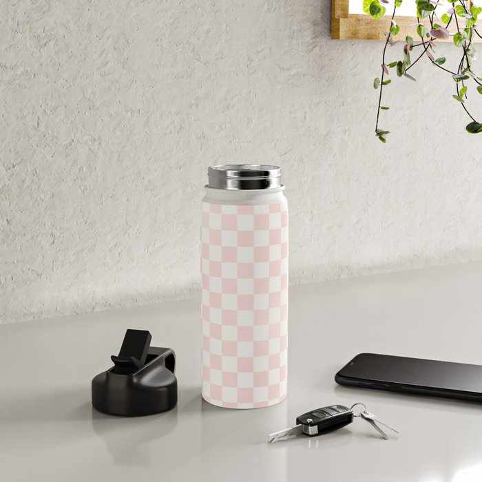 Blush Pink Coral Checkered Grid Line Drawing Water Bottle Gallery Image 4