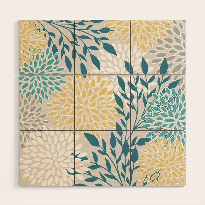 Garden Florals, Yellow, Teal, Gray Wood Wall Art Gallery Image 1